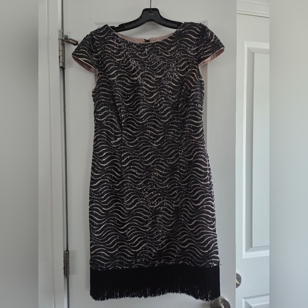 Aidan by Aidan Mattox Black and Pink Wave Pattern Mini Dress